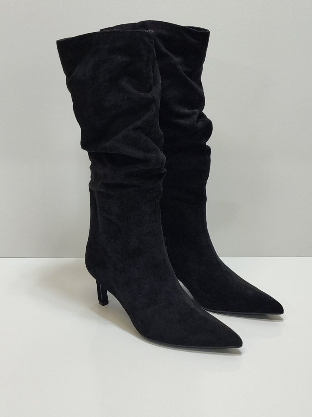 Time And Tru Womens Black Mid Slouch Boots 12W Wide Width Slim Heel Fabric Upper
